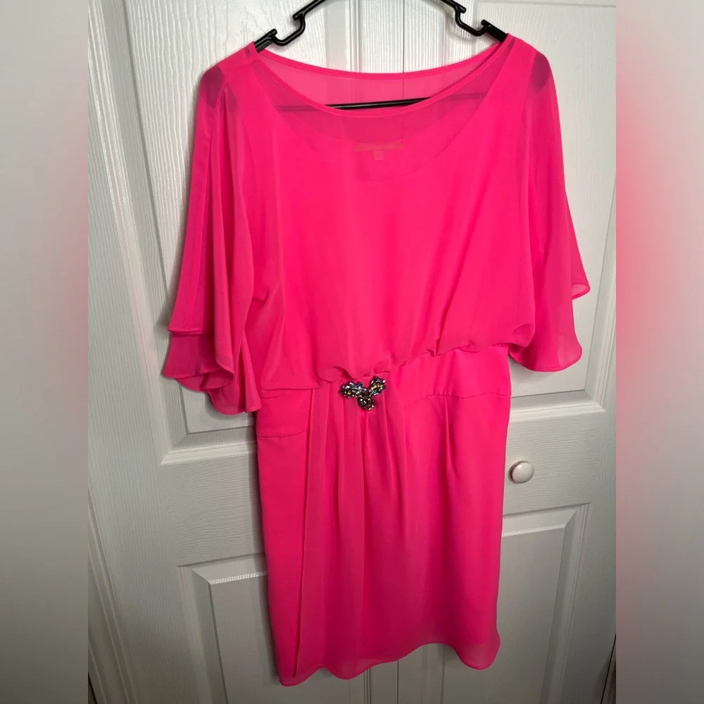 Gianni Bini Hot Pink Ruffle Sleeves Mini Dress Jewel Size Medium Lightweight - Picture 5 of 7